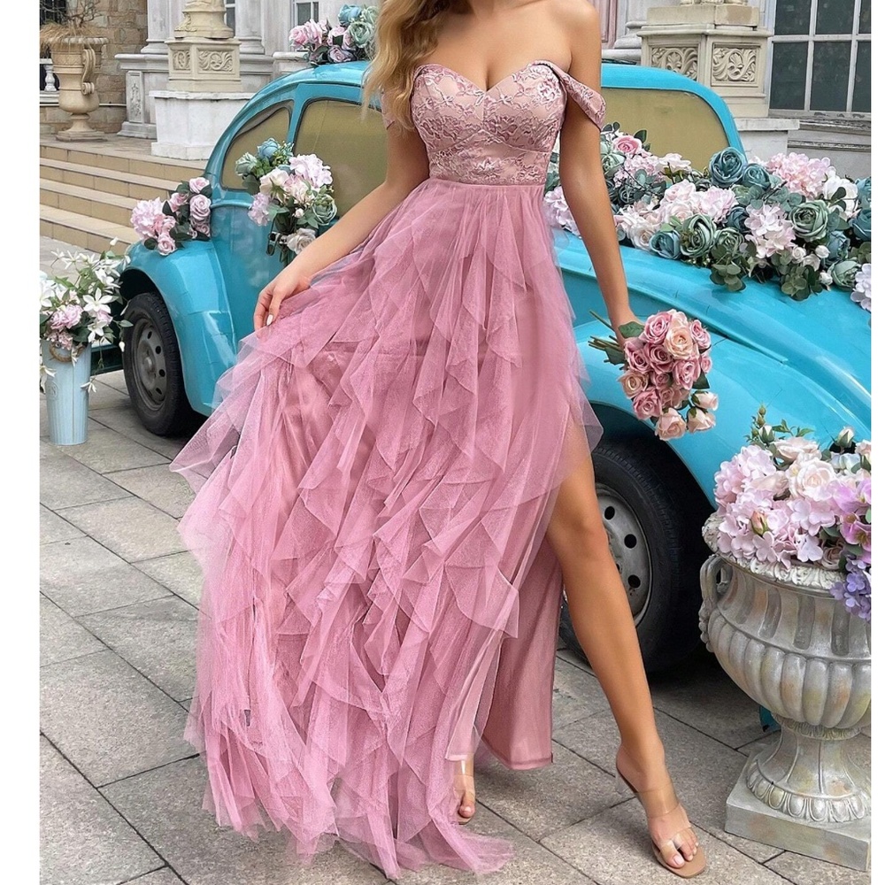 Luxe Pink Floral lace Off Shoulder Tulle Party Wedding Prom Dress - Picture 1 of 5